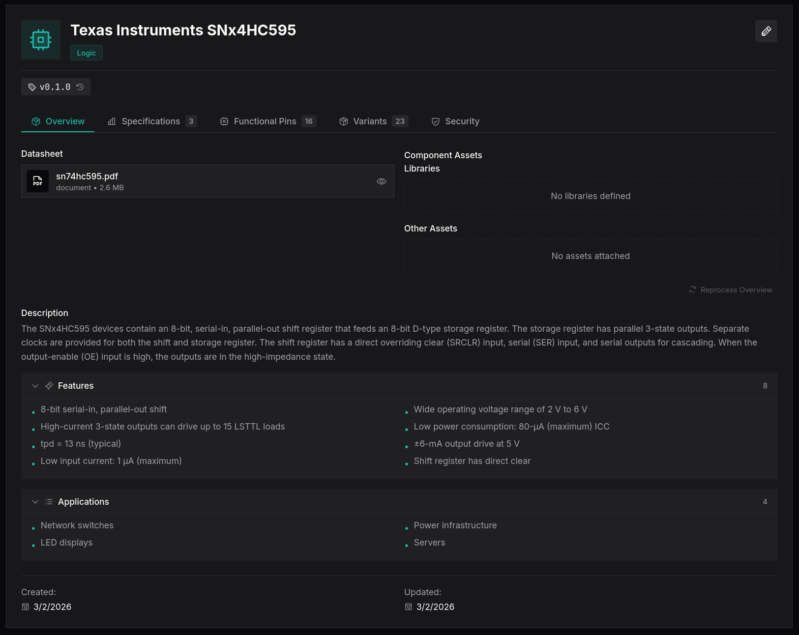 Component overview extracted from a TI SNx4HC595 datasheet
